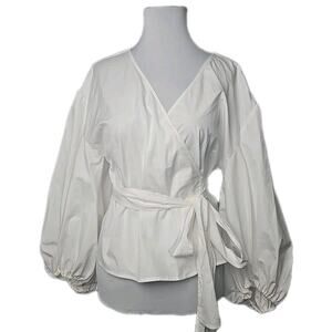 MK Michael Kors White Poplin Cotton Puff Sleeve Wrap Top Large L New $145